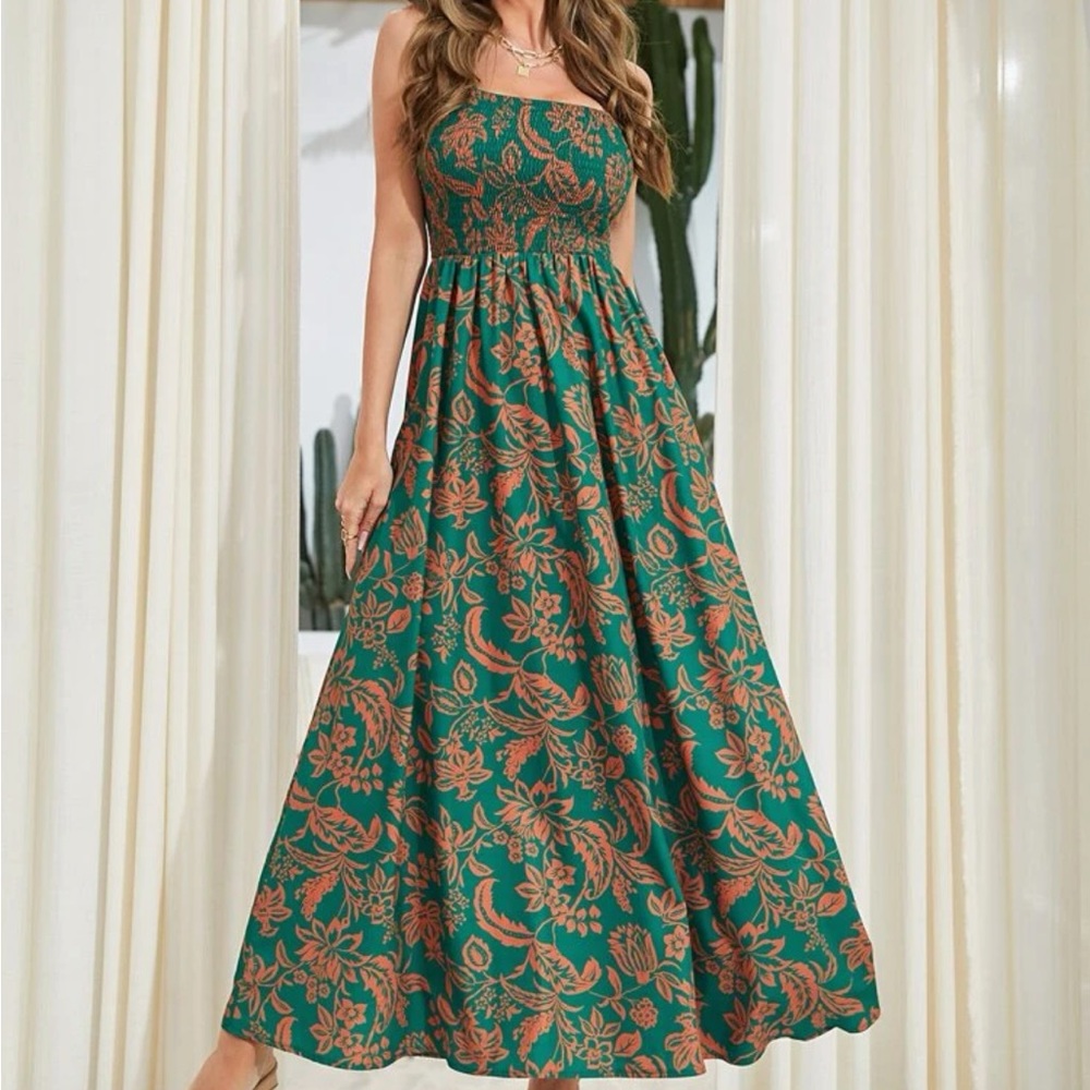 Boho Floral Paisleys Print Smocked Bodice Cami Maxi Dress - Picture 4 of 6